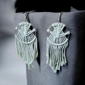 Elegant Silver And Mint Green Macrame Earrings